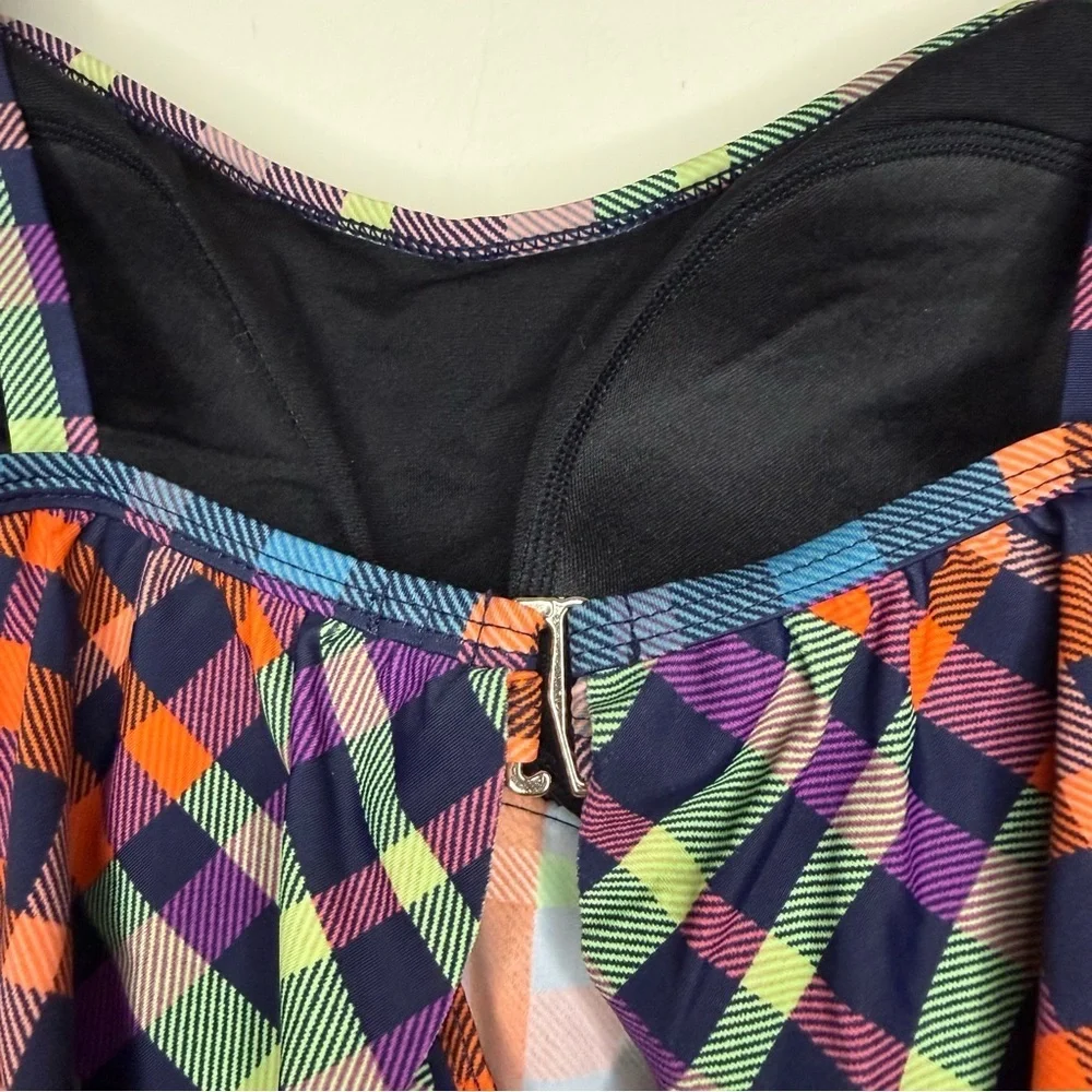 MOTHERHOOD MATERNITY Beach Bump Ruffle Top Patchwork Rainbow Gingham Swimsuit